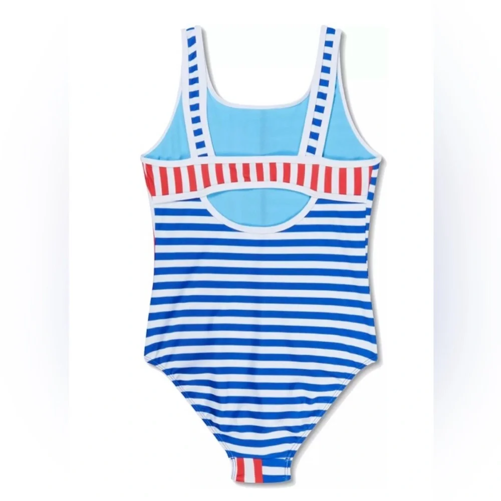 Speedo Girl’s Swimsuit One Piece Blue and Red Stripes Size 16 NWT UPF 50+
